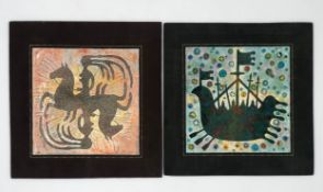 Two framed Russian ceramic tiles, one decorated with coloured beads, labels in cyrillic to the