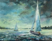 Oil on canvas board, sailing yachts, signed Geoffrey Thorpe. H.48 W.59cm
