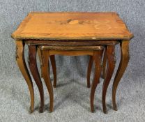 A nest of three graduating occasional tables, walnut and kingwood crossbanded with satinwood inlay