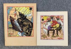 Two acrylic paintings on paper, African fisherman and musicians, indistinctly signed and dated by