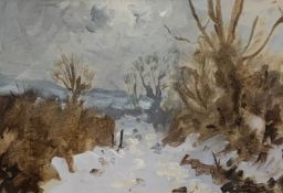 Gareth Thomas (b.1955), oil on board, Lane in Snow, signed, gallery label to the reverse. H.38 W.