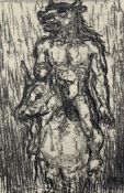 A charcoal drawing: Mounted Minotaur, indistinctly signed, with similar pencil sketch to the