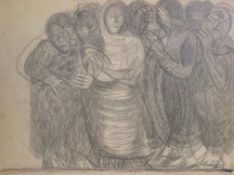 Esther Carp (1897-1970), a framed and glazed pencil drawing, a group of figures, signed. H.50 W.61cm