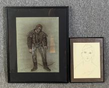 A framed and glazed watercolour, costume design, King's Soldier and a pen portrait study, both