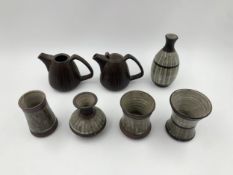 A collection of vintage British studio pottery, vases and coffee pots. H.15cm (largest)