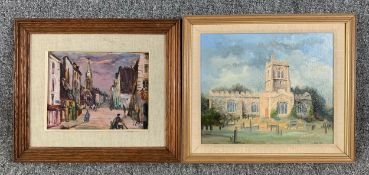 Two framed oils on canvas, street scene and a church. H.32 W.37cm (largest)