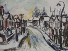 A mid century watercolour street scene, monogrammed HW, framed and glazed. H.65 W.83cm.