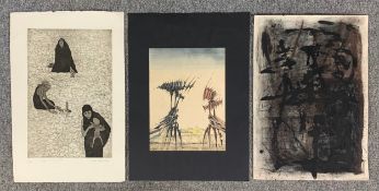 A signed and numbered etching along with two abstract studies; one charcoal and ink the other pen