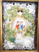 A 19th century collage, glazed and in a carved giltwood Florentine style frame. H.23 W.19cm.
