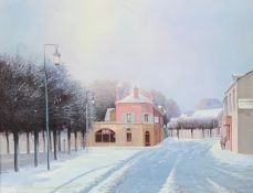Oil on canvas, a French street in winter, signed K B Hancock. H.66 W.76cm