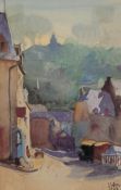 A framed and glazed watercolour, a village street, signed S Weis and dated 1925. H.51 W.39cm