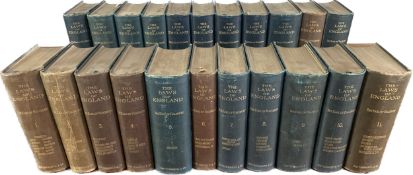 Twenty two volumes of Halsbury's The Laws of England, First Editions, Butterworth's 1907. H.26cm (