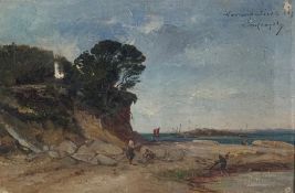A 19th century oil on canvas, coastal scene with figures and boats in the distance, indistinctly