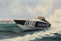 A contemporary signed oil on canvas of powerboats. Signed Michael Burnett. H.74 W.105cm
