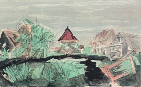 A framed and glazed limited edition etching, village setting, signed and numbered. H.49 W.66cm