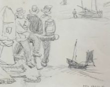 A framed and glazed pencil drawing of figures by the harbour signed W Hunt. H.23 W.25cm