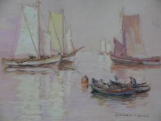 Bertram Prance (1889-1958), a framed and glazed watercolour, figures in a rowing boat with sailing