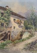 A framed and glazed watercolour, Alpine mill house. H.53 W.41cm