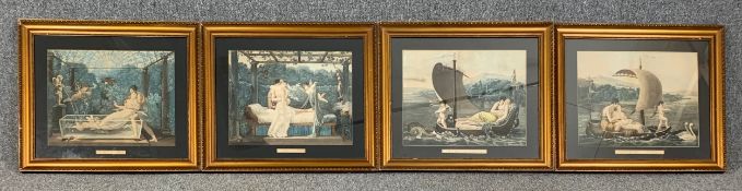 A series of four 19th century French coloured engravings, classical romantic scenes, framed and