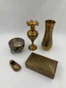 A collection of five engraved brass items, mostly Indian. H.21cm (largest)