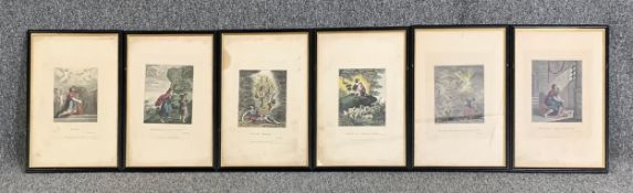 A set of six 19th century hand coloured engravings, Biblical scenes, framed and glazed. H.45 W.