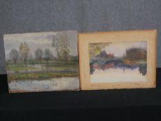 Louis Montaigu. oil on board, landscape, signed and an unframed watercolour. H.38 W.46cm.