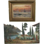 An oil on canvas, tall ship at sea, indistinctly signed and an oil on canvas, continental villa