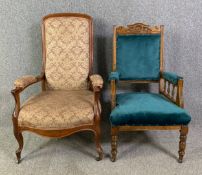 A 19th century French mahogany framed armchair and a late Victorian carved walnut example. H.111 W.