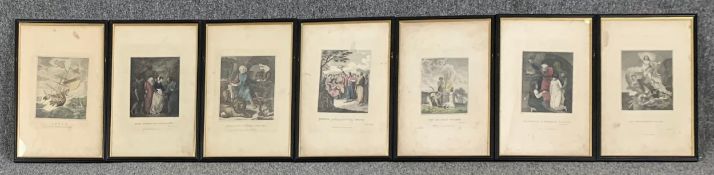 A set of seven late 19th century engravings depicting biblical scenes, mostly hand coloured,