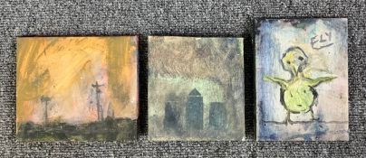 Three small mixed media paintings by Harry Adams (STOT21stCPlanB) with titles and monograms/