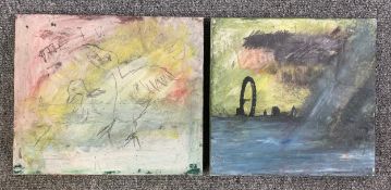 A pair of mixed media paintings by Harry Adams (STOT21stCPlanB) with titles and monograms/signatures