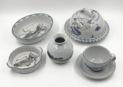 A collection of hand painted Highland Stoneware pottery. Dia.27cm (largest)