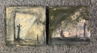 A pair of mixed media paintings by Harry Adams (STOT21stCPlanB) with titles and monograms/signatures