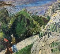 Carel Weight (1908-1997), oil on board, figures on a mountain path, signed. H.46 W.50cm