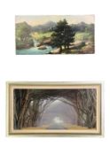 A signed oil on canvas landscape, H.56 W.111cm and a large framed and glazed print; Corridor of