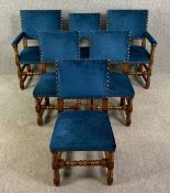 A set of six contemporary oak dining chairs in the country antique style, upholstered in studded