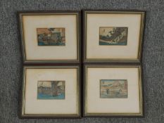 A set of four 19th century Japanese hand coloured woodblock prints, figures in landscape settings,