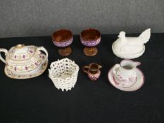 A mixed collection of 19th century and later glass and porcelain. H.14 W.21 D.12cm. (largest).