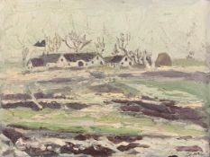 Oil on canvas, houses in a landscape, indistinctly signed. H.28 W.36cm