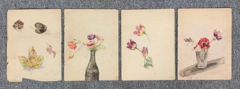 Four pencil and watercolour studies, still life flowers, signed in French with notes. H.32 W.24cm (