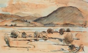 A framed and glazed pen and watercolour, African landscape. H.31 W.39cm