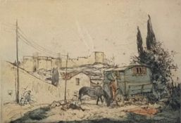 An unsigned hand coloured etching with 'Chalcographie Du Louvre' watermark in an oak frame. H.37 W.