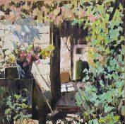 An indistinctly signed oil on board. Entitled 'A Rest from Gardening' with note to reverse in a gilt