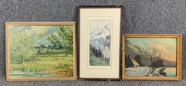 Two oils on canvas, landscapes and a framed and glazed watercolour of mountains. H.56 W.34cm (
