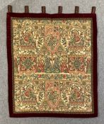 A hand embroidered medieval style wall hanging in metal thread and a velvet border. H.131 W.107cm