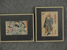 A pair of 19th century Japanese hand coloured woodblock prints, samurai figures. Framed and