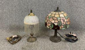 A Tiffany style table lamp and a Victorian style boudoir lamp with glass shade. H.35cm (largest)