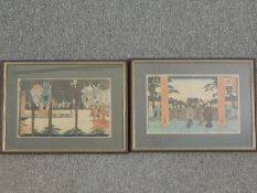 A pair of Japanese 19th century hand coloured woodblock prints, figures in garden settings. Framed