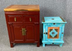 A Chinese lacquered side cabinet and a painted Eastern pot cupboard. H.73 W.54 D.41cm (largest)