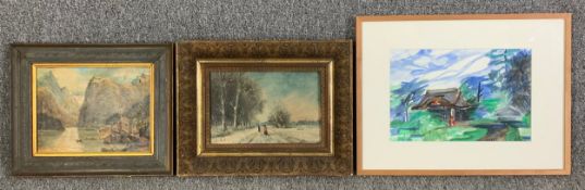 Oil on panel, lakescape, an indistinctly signed oil on panel, figures in a snowy rural landscape